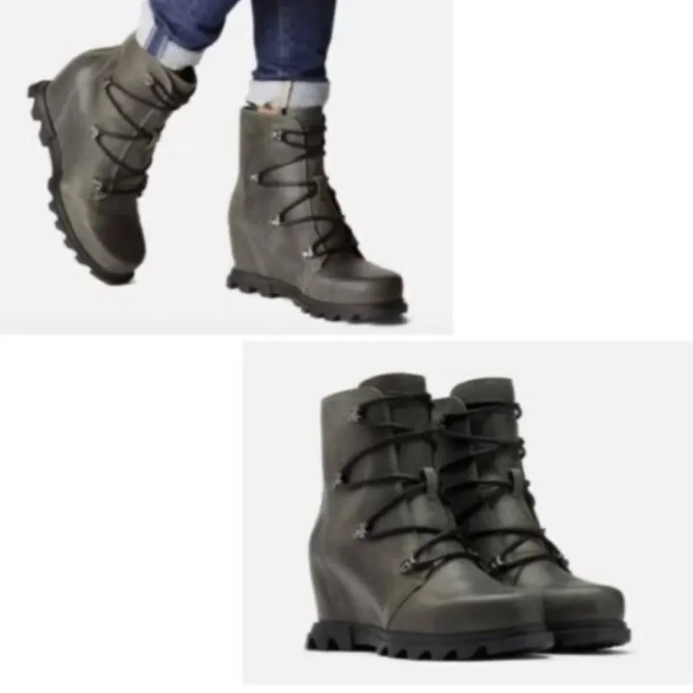 NEW SOREL Joan Of Artic Wedge III lace up leather booties gray 8.5